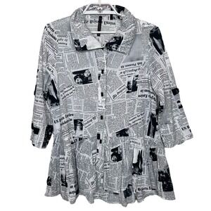 IC by Connie K Newspaper Print Button Down Peplum‎ Top Blouse Tunic Womens M